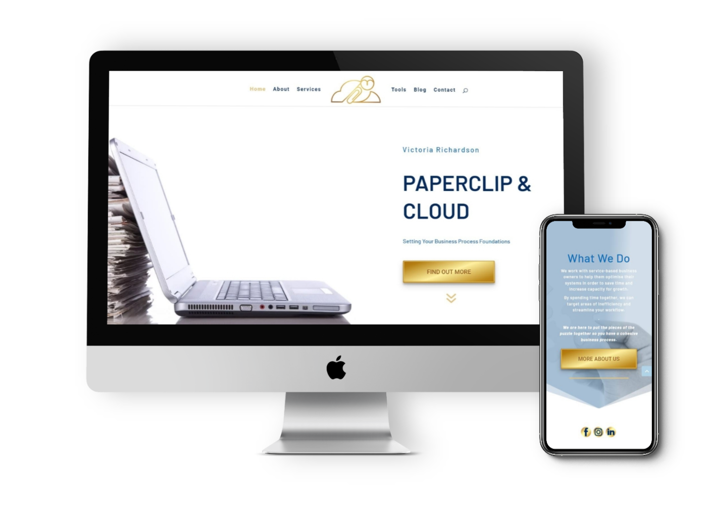Portfolio image of website for Paperclip and Cloud showing responsive desktop and mobile views